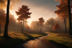 Drawing in pastel colors a natural landscape of the autumn forest in a fog scene with trees in imaginary colors like a dream. photo