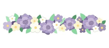 Vector floral horizontal decorative element. Flat illustration with rose flowers, leaves, branches. Beautiful spring, summer or wedding bouquet isolated on white background