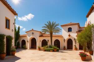 Traditional mediterranean white architecture with arch. Summer vacation concept. photo