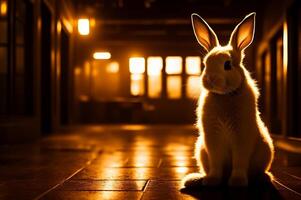 A cute bunny in a long illuminated lab hallway. AI Generated photo