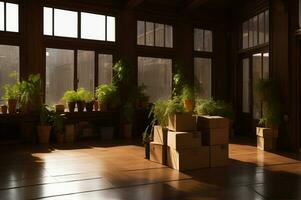 Smiling cardboard boxes and potted plant in empty room. AI Generated photo
