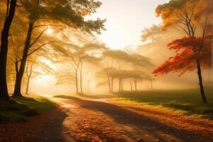 Drawing in pastel colors a natural landscape of the autumn forest in a fog scene with trees in imaginary colors like a dream. photo