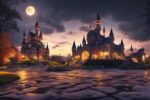 watercolor castle, snow covered, with pink flower tree and moon in the background. photo