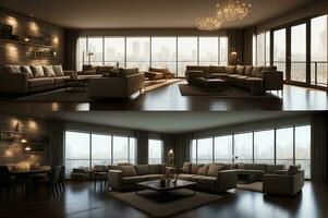 Interior design of modern apartment, living room with black stuco walls and dining room. AI Generated photo