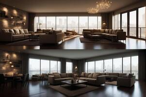Interior design of modern apartment, living room with black stuco walls and dining room. photo