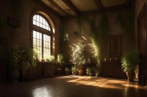 Interior background of room with beige wall and vase with green branch. photo