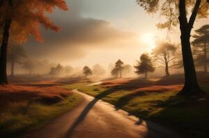 Drawing in pastel colors a natural landscape of the autumn forest in a fog scene with trees in imaginary colors like a dream. photo
