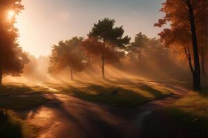 Drawing in pastel colors a natural landscape of the autumn forest in a fog scene with trees in imaginary colors like a dream. photo