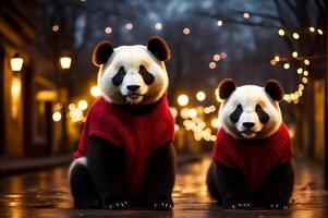 Cute Panda in Christmas sweater. AI Generated photo