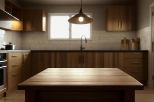 A kitchen with a table and a stove photo