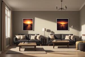 Stylish Living Room Interior with Mockup Frame Poster, Modern interior design. AI Generated photo