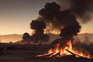 A large fire burning in the desert with smoke coming out of it photo