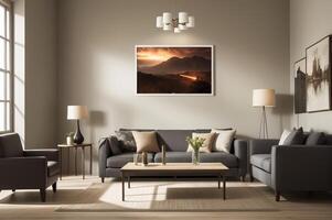 A living room with a large painting on the wall photo