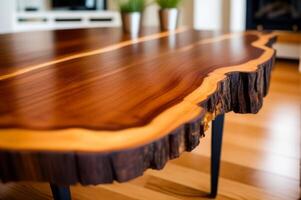 Close up of live edge wooden accent coffee table. photo