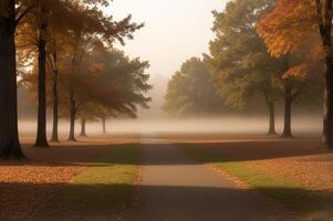 Drawing in pastel colors a natural landscape of the autumn forest in a fog scene with trees in imaginary colors like a dream. photo
