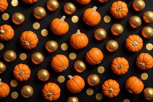 A black background with gold and orange pumpkins photo