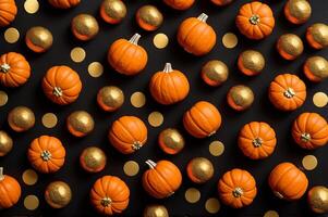 Halloween orange, black rock texture with gold veins and golden boulders. AI Generated photo