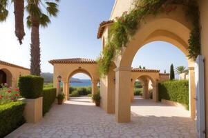 Traditional mediterranean white architecture with arch. Summer vacation concept. photo