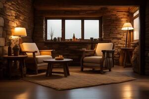 Rustic wooden barrel chair with fabric cushion and root ball wooden end table against venetian stucco wall with sand stone sculpture decor. photo