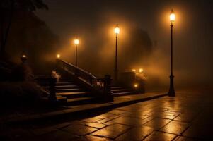 un escalofriante mansión a noche. escalofriante escalera con niebla y un brillante fantasmal aparición. ai generado foto