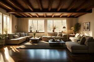 Scandinavian home interior design of modern living room in attic with lining ceiling. AI Generated photo