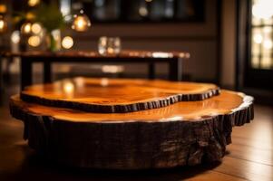 Close up of live edge wooden accent coffee table. photo