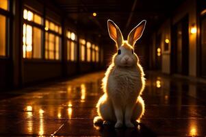 A cute bunny in a long illuminated lab hallway. AI Generated photo