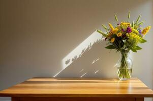 Wooden table with vase with bouquet of dried flowers near empty, blank wall. AI Generated photo