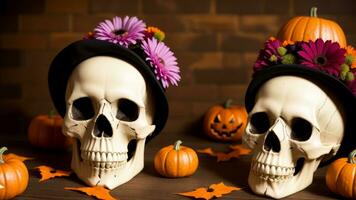scary halloween skull decorated with many flowers. AI Generated photo