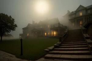 A spooky mansion at night. Spooky staircase with fog and a glowing ghostly apparition. photo