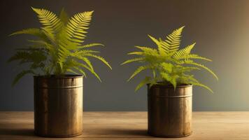 Tall metal container holding feathery fern fronds. AI Generated photo