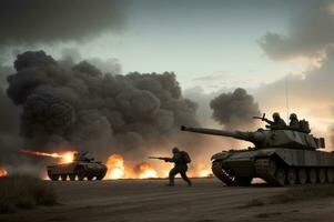 un blindado tanque disparo de un batalla campo en un guerra. bombas y explosiones en el antecedentes. ai generado foto