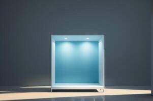 White product stand on blue background. Abstract minimal geometry concept. photo