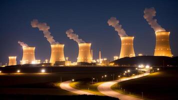 nuclear poder planta a noche con chimeneas y enfriamiento torres ai generado foto