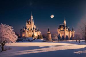 watercolor castle, snow covered, with pink flower tree and moon in the background. photo