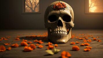 scary halloween skull decorated with many flowers. AI Generated photo