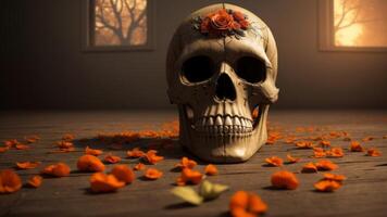 scary halloween skull decorated with many flowers. photo