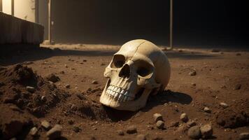 Skull of human was buried in soil. photo