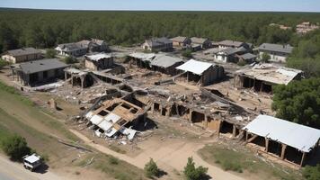 Destroyed town with collapsing structures after war. photo