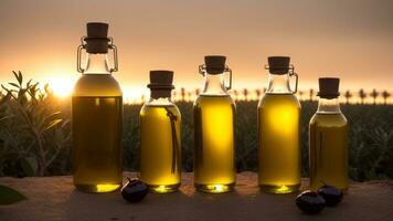 golden olive oil bottles with olives leaves and fruits setup in the middle of rural olive field. AI Generated photo