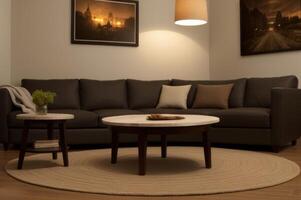 Round coffee table between wicker chair and sofa against fireplace. photo