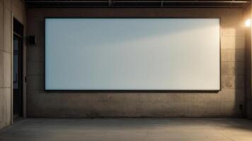 Empty room with a large screen and a light photo