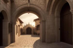 A 3d rendering of a stone archway in a courtyard photo