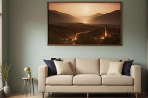 A living room with a couch and a painting above it photo