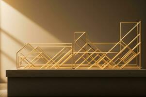 A golden sculpture of a house with a window photo