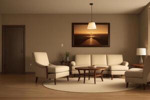 Two beige lounge chairs and round coffee table against wall with frames. AI Generated photo