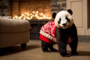 A panda bear wearing a sweater in front of a fireplace photo