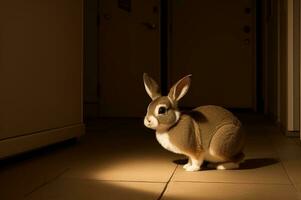 un linda conejito en un largo iluminado laboratorio pasillo. ai generado foto