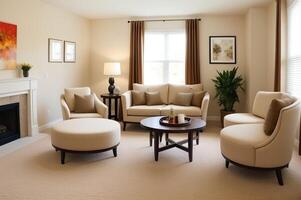 Two beige lounge chairs and round coffee table against wall with frames. photo