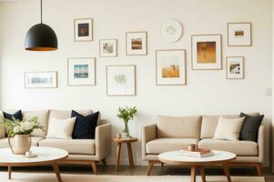 Two beige lounge chairs and round coffee table against wall with frames. AI Generated photo